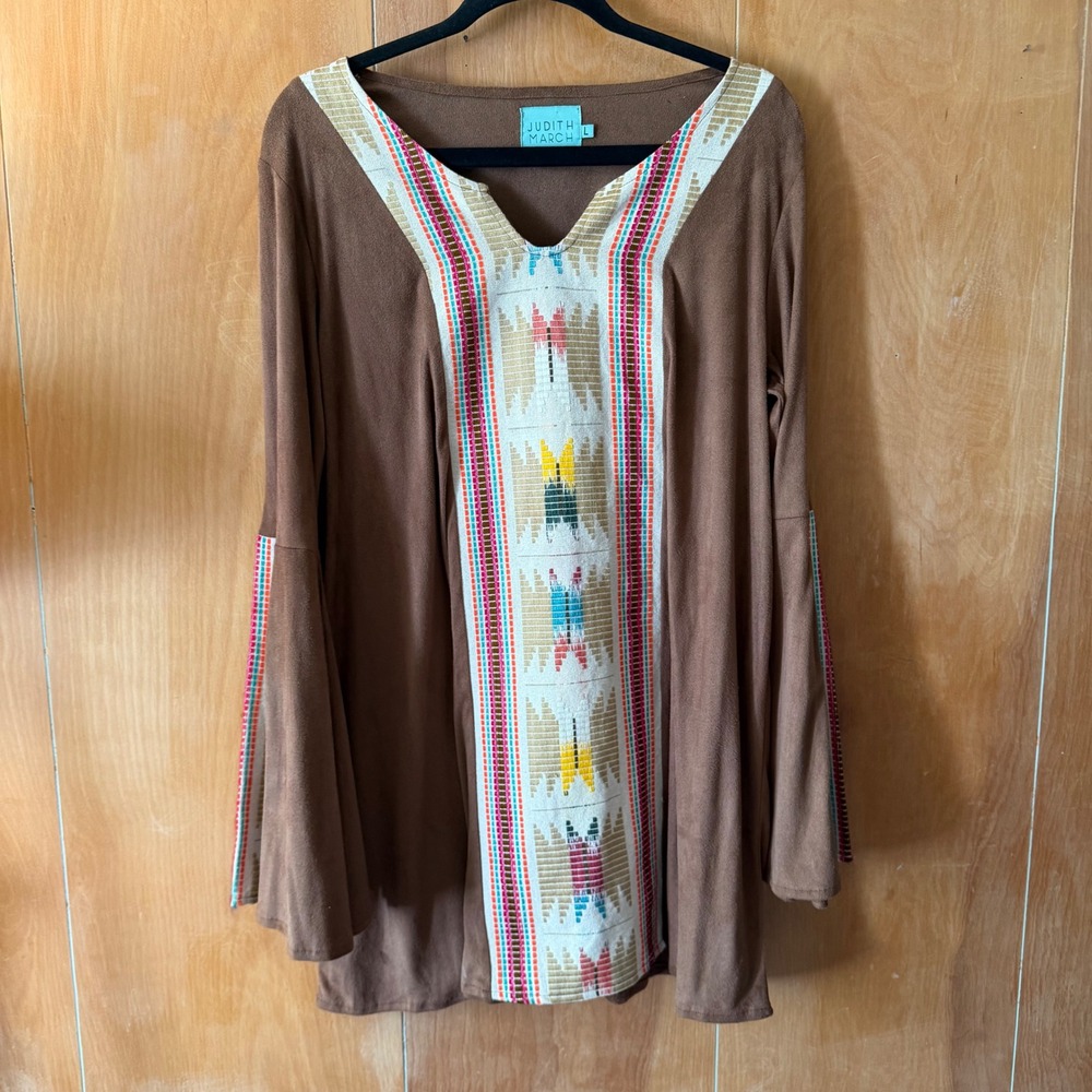Judith March Womens Brown Faux Suede Embroidered Bell Sleeve Tunic Top Large